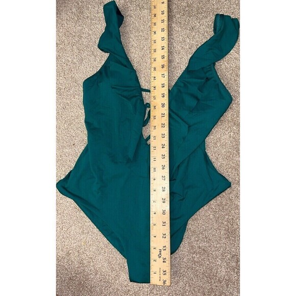 Becca Virtue L Green Blue Teal One Piece Swim Bathing Ruffle Socialite Plunge - Picture 4 of 7